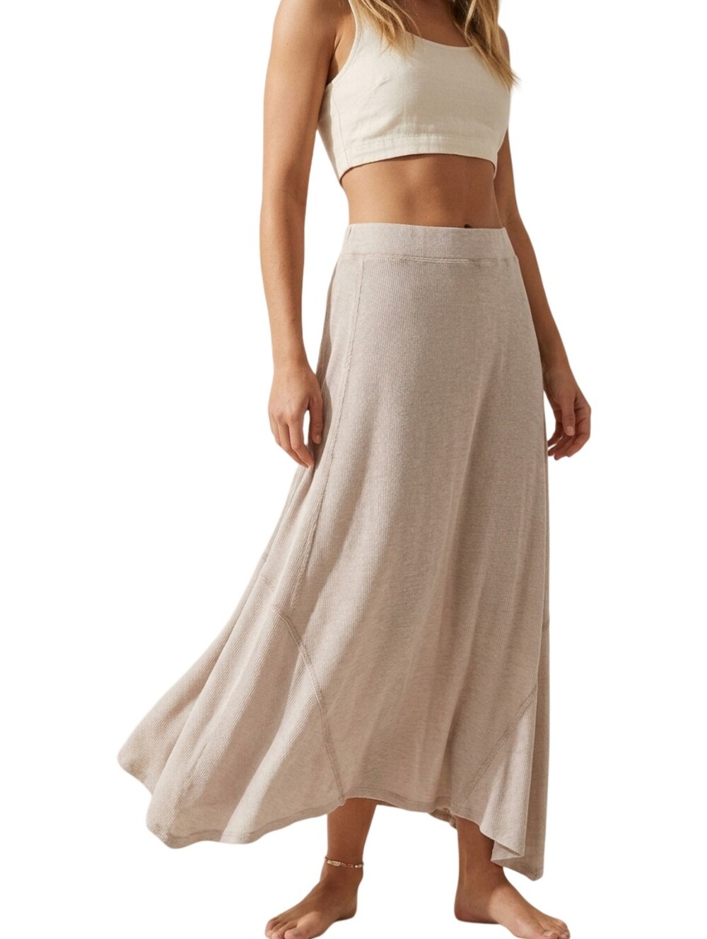 GH BASS Oatmeal Knit Maxi Skirt Asymmetric Sharkbite Hem Lagenlook L Boho Cream